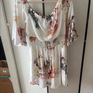 White and Pink Flutter Sleeve Blouse with Ruffled Neckline